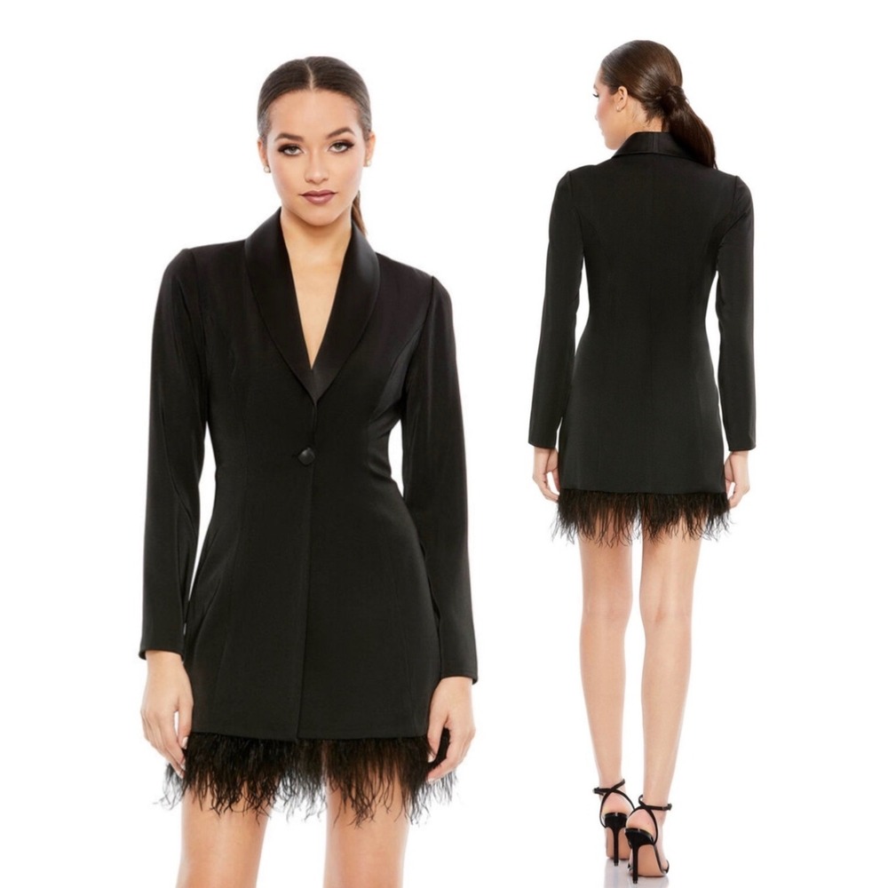 IEENA for Mac Duggal Black Feather Trim Blazer Mini Dress 26510 Size 8